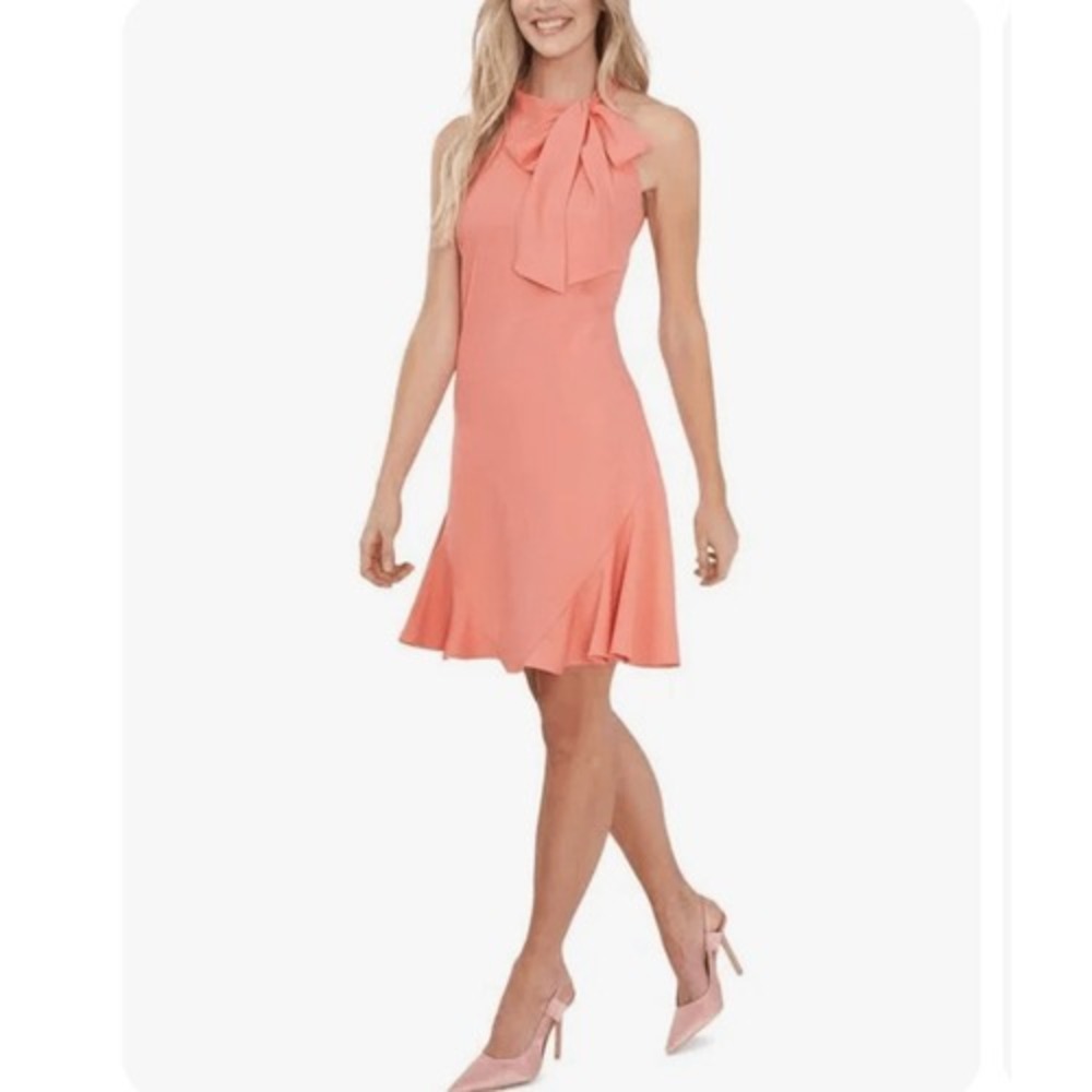 CeCe Womens Halter Neck Sleeveless Tie Bow medium‎ Coral Pink Dress